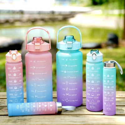 3-Piece Set Large Capacity Gradient Water Bottle,Water Bottle with Straw 2 Litre Leakproof with Time Marker,for Sports Fitness