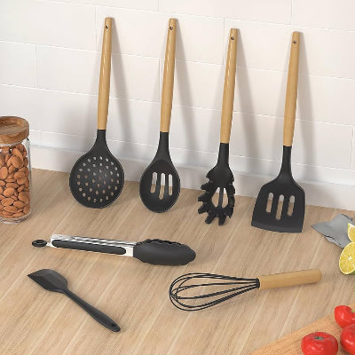 12-Piece Silicone Kitchen Utensil Set with Wooden Handles & Holder