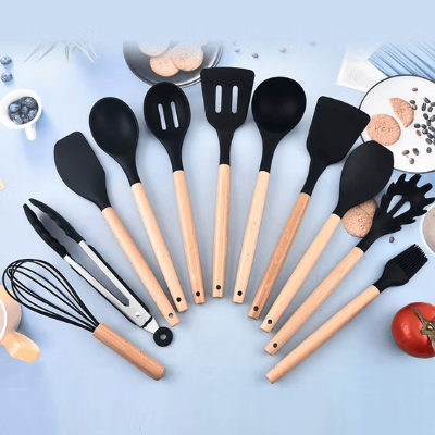 12-Piece Silicone Kitchen Utensil Set with Wooden Handles & Holder