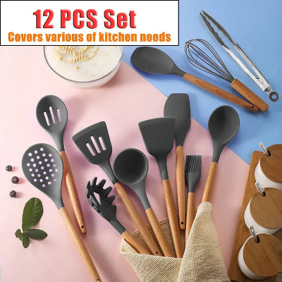 12-Piece Silicone Kitchen Utensil Set with Wooden Handles & Holder